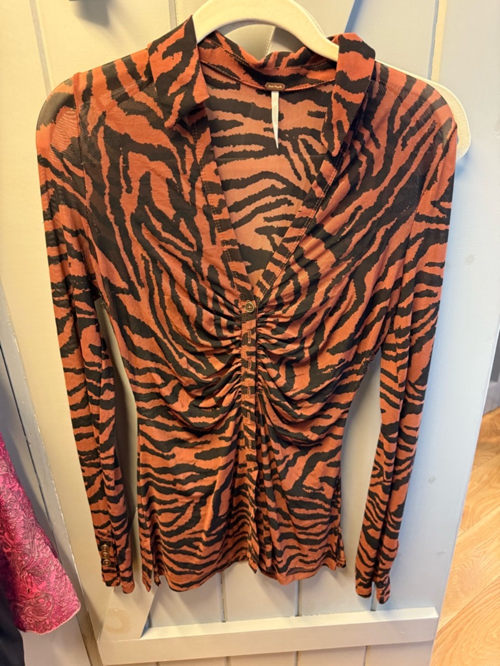 Free People Rust and Black Zebra Ruched Button-Front Top